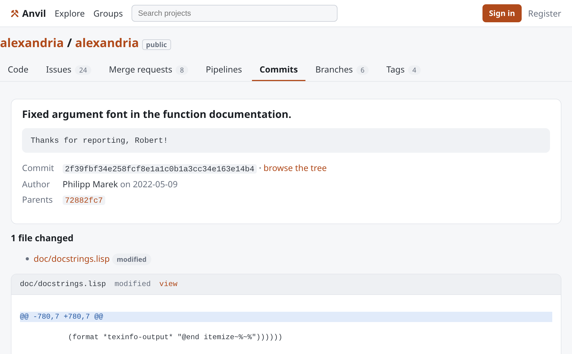 Anvil, a forge in Common Lisp: a commit's page on the alexandria project, with its message, its author and the diff of the file it changed