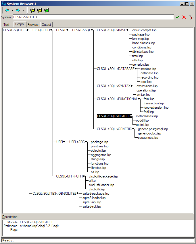 The LispWorks System Browser showing an ASDF system